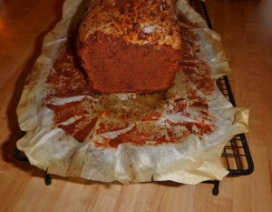 Chocolate-Coconut Pound Cake after it has been sliced.