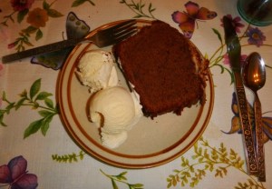 Chocolate-Coconut Pound Cake with vanilla ice cream. 